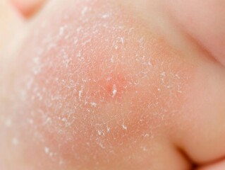 Fototapeta premium Macro shot of newborn baby boy's skin, showcasing delicate, textured rashes with a soft, creamy pink hue, focusing on tender areas of the body.