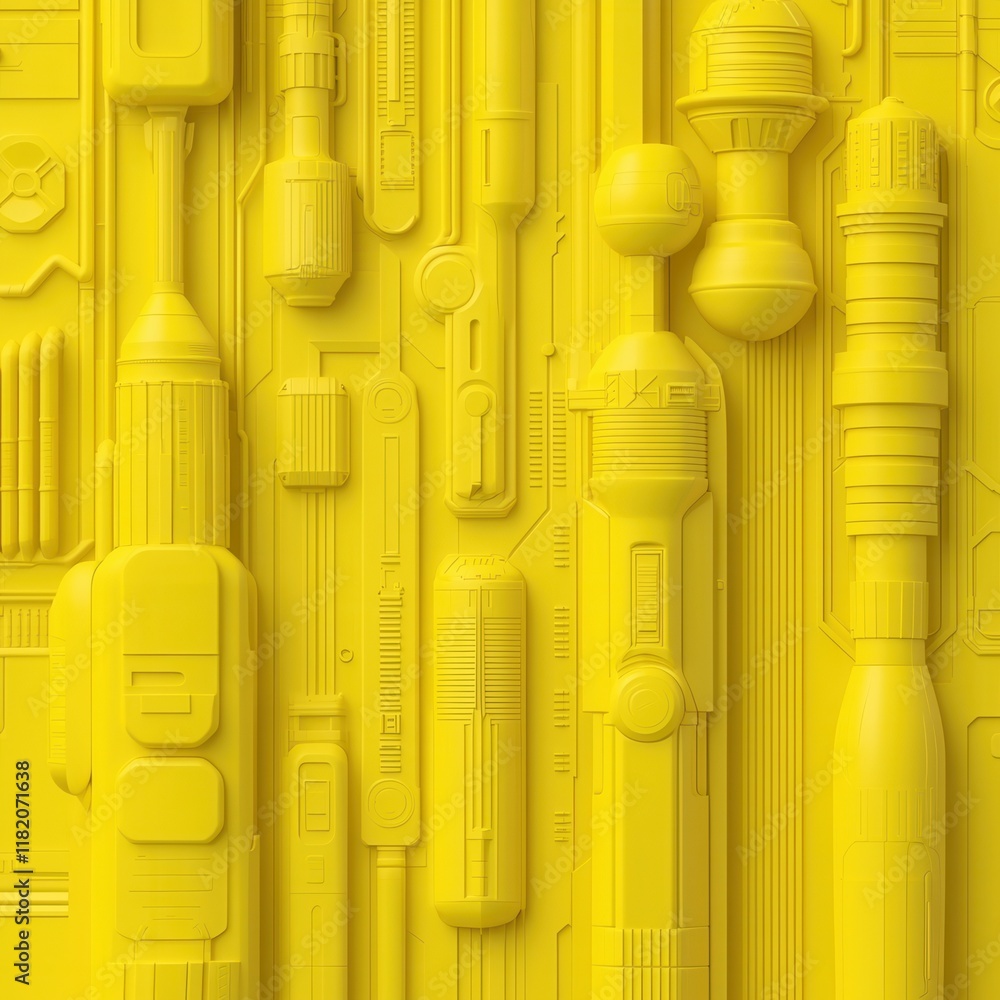 Poster a vibrant, textured pattern in bright yellow featuring various abstract shapes resembling tools or f