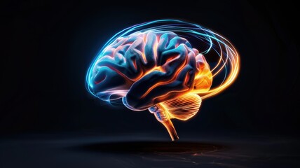 Fototapeta premium A vibrant, digital illustration of a brain, showcasing glowing neural pathways, representing intelligence, creativity, and technology.