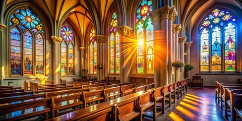 Fototapeta premium Serene Church Interior: Soft Light Illuminating Sanctuary
