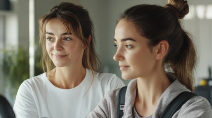 Caucasian adult female teacher guiding young student in collaborative rehabilitation session at home, focusing on shoulder and back exercises, bright indoor setting with natural light.