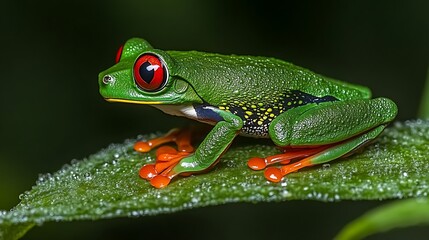 Obraz premium Vibrant Red-Eyed Tree Frog on Dew-Kissed Leaf: A Close-Up Nature Study