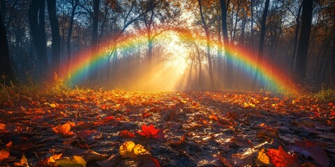 A vibrant rainbow shining over a park with scattered autumn leaves, representing the magical beauty of nature and positivity.