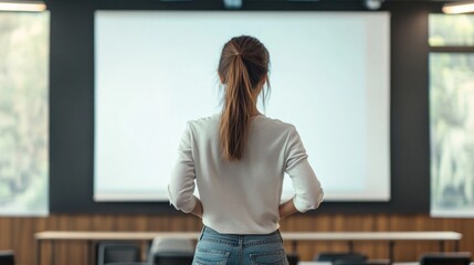 Professional businesswoman in a white shirt presenting confidently in a modern office conference room with a blank projection screen, natural light, and minimalist design.