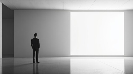 Obraz premium Contemplative businessman in a dark suit standing in a minimalist gallery space with soft white lighting reflecting off polished concrete floors.