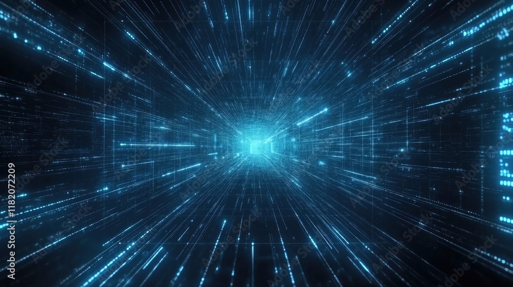 Poster futuristic blue digital communication network with dynamic light trails and data flow, depicting a g