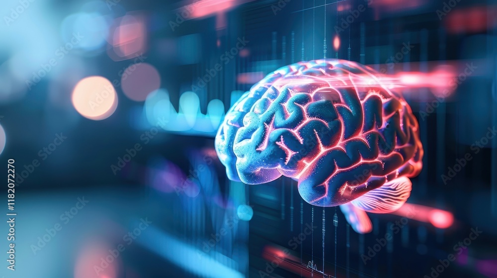Poster a vibrant, digital representation of a brain, symbolizing intelligence, technology, and neural conne