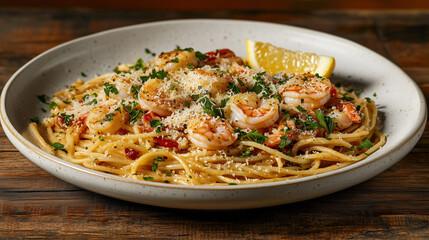 a plate of shrimp scampi pasta, featuring spaghetti tossed in a rich garlic and butter sauce, with succulent shrimp, fresh parsley, and a sprinkle of Parmesan cheese, served with a wedge of lemon