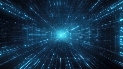 Fototapeta premium Futuristic blue digital communication network with dynamic light trails and data flow, depicting a graphical user interface in an abstract space.