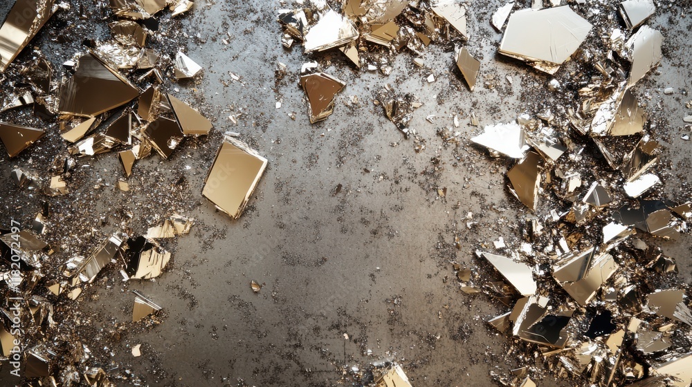 Poster scattered abstract metallic shards minimalist environment digital art modern design close-up perspec
