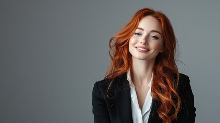 Fototapeta premium Portrait of confident smiling redhead businesswoman in black blazer, posing against a neutral gray background, professional attire, positive expression, business, corporate environment.
