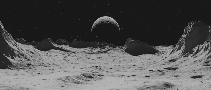 Lunar landscape showcasing craters and mountains under a distant planet in the sky