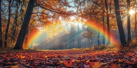 A vibrant rainbow shining over a park with scattered autumn leaves, representing the magical beauty of nature and positivity.