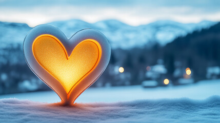 Fototapeta premium A glowing heart shape in a winter landscape, symbolizing love and warmth.
