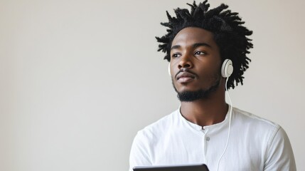 Fototapeta premium Young African American man wearing headphones and using a digital tablet while relaxing at home, modern lifestyle, technology, casual indoor setting, music enjoyment.