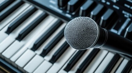 Microphone positioned in front of piano keys, representing audio production and podcasting, emphasizing music and broadcast media, creativity, sound equipment, recording studio.