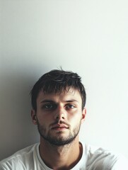 Obraz premium Portrait of a handsome Caucasian male with short black hair and stubble, gazing directly at the camera against a soft neutral background, modern, minimalistic, lifestyle, expression.