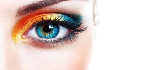 Naklejka premium Collage featuring vibrant female eyes with colorful makeup against a pure white background, emphasizing beauty and artistry, cosmetic, fashion, close-up, bright colors.