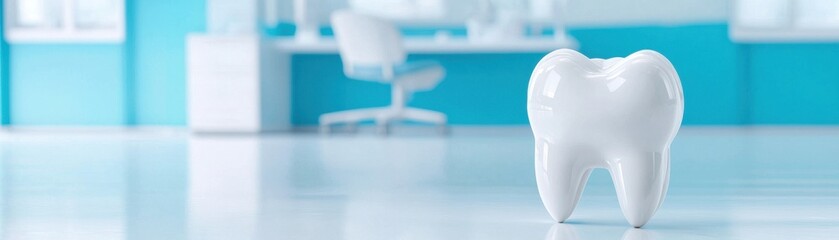 A large, glossy tooth stands prominently in a bright dental office, highlighting a clean and modern environment.