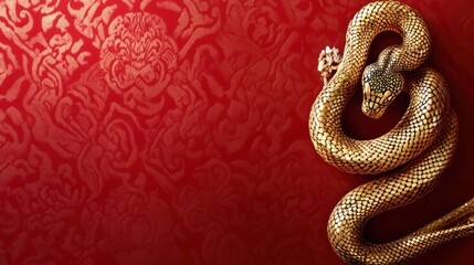 Obraz premium Golden snake coiled on red patterned fabric, Asian design background, New Year card