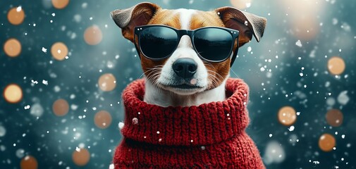 Fototapeta premium A dog wearing sunglasses and a red sweater. The dog is standing in the snow