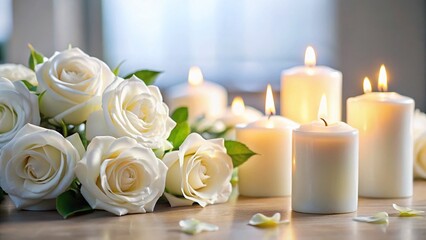 Serene Funeral Tribute: Elegant White Roses & Candles