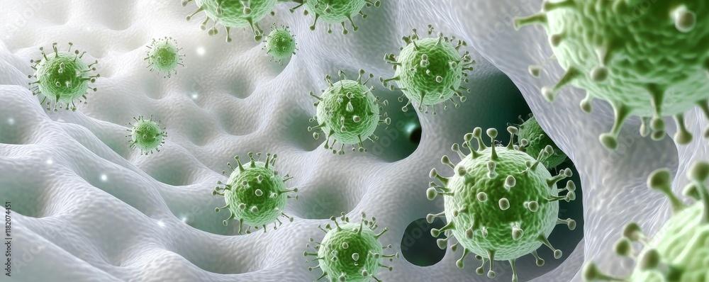 Poster a microscopic view of green viruses in a cellular environment, showcasing their intricate shapes and