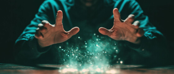 Mystical illusion artist performing a disappearing act with magical sparks