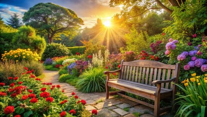 Obraz premium Serene Garden Bench: Tranquil Landscape Photography