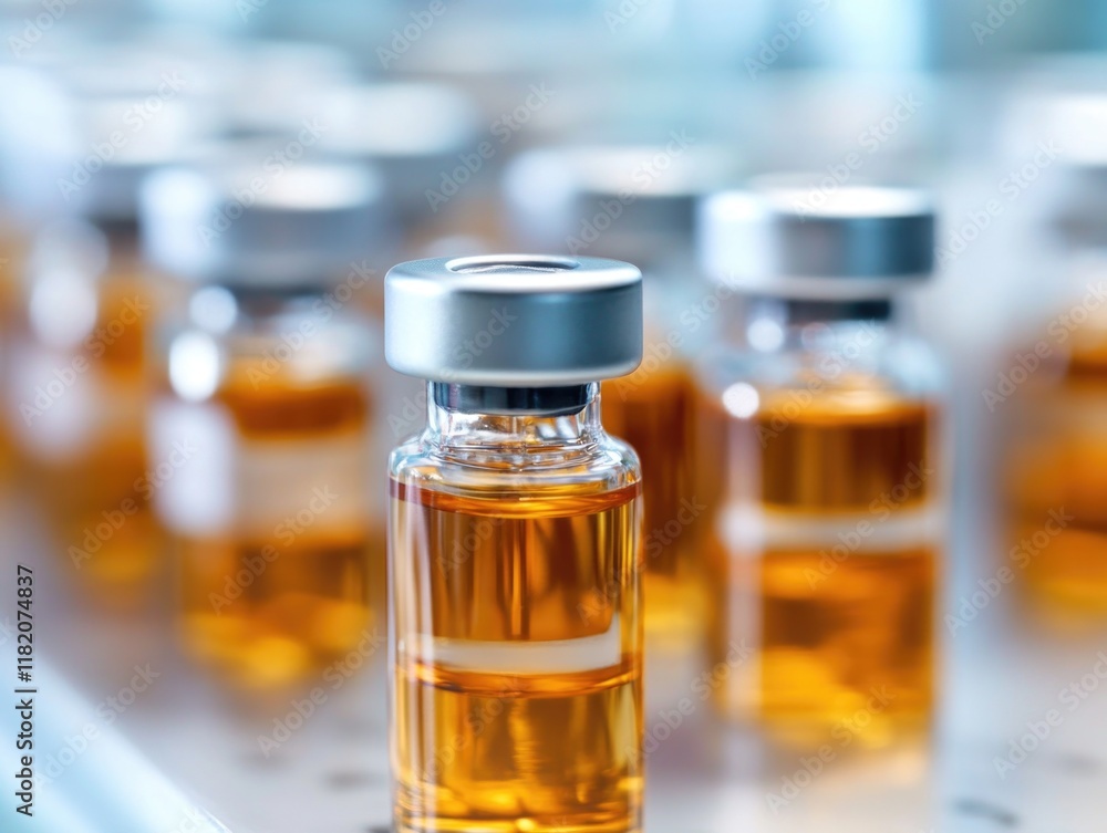 Poster close-up of scientist in laboratory examining ampoules of amber vaccine with blurred vials in backgr
