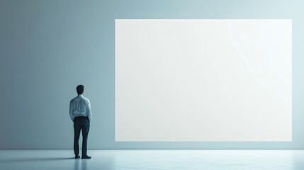 Fototapeta premium male executive in formal attire observing a large blank canvas in a minimalist modern workspace with soft light and neutral tones