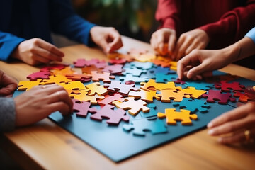 Fototapeta premium Outstanding Team Solving Colorful Jigsaw Puzzle