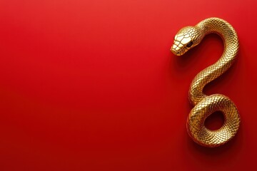 Golden snake on red background, lunar new year, celebration, copy space