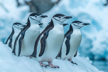 Obraz premium Chinstrap penguins group standing in the snow ice in Antarctica.