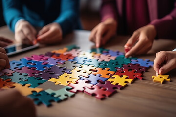 Fototapeta premium Incredible Close up of multiethnic group of people assembling jigsaw puzzle