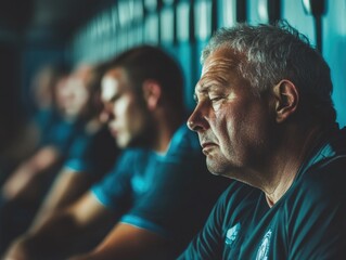 Senior men resting in dimly lit locker room, reflecting fatigue after soccer game, featuring gray tones and focused expressions, side profile view.