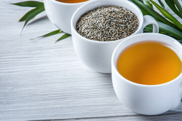 Mindful reading corner with herbal tea and dried herbs in cups. Relaxing atmosphere with plants and warm beverage for cozy experience