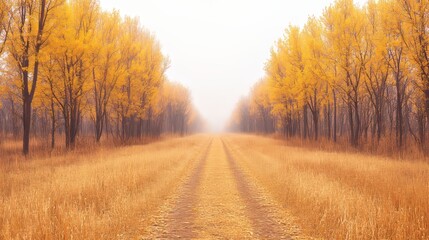 Fototapeta premium Golden Autumn Road Through Misty Fall Woods