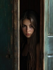 Fototapeta premium Majestic portrait of a girl with long dark hair framed in a rustic wooden doorway, soft natural light illuminating her serene expression and rich earth tones.