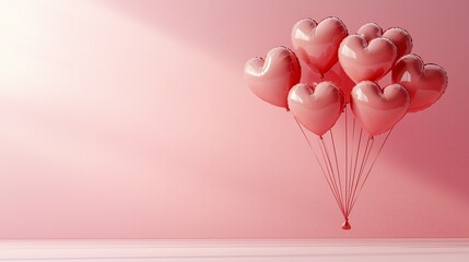 A bunch of red balloons with hearts on them. The balloons are floating in the air. The balloons are in the middle of a pink wall