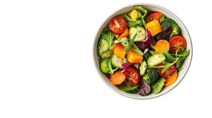 Fresh and Colorful Vegetable Salad in a White Bowl with Leafy Greens, Cherry Tomatoes, Cucumbers, and Bell Peppers on a Dark Background
