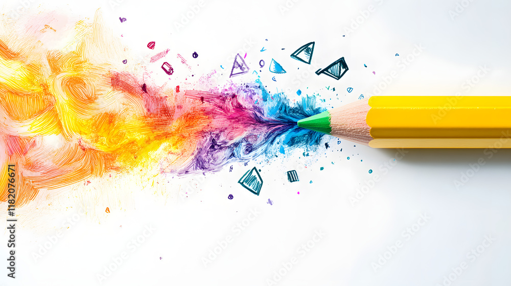 Poster flat design vector illustration of a yellow pencil creating a fantastic image with creative graphic 