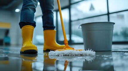 Cleaning Service Professional Mopping Floor, Yellow Boots and Bucket