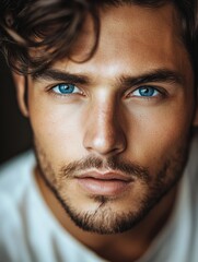 Obraz premium Close-up portrait of a handsome man with captivating blue eyes and tousled hair, softly lit against a dark background, showcasing a confident gaze.