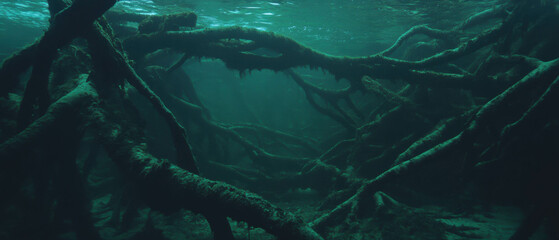 Unique mangrove forest showcasing tangled roots under shallow tropical waters