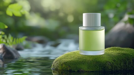 A green perfume bottle on a mossy stone by a serene stream in nature.