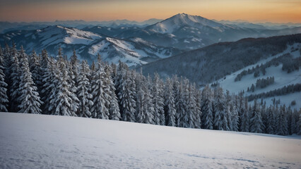 Fototapeta premium Snowy mountain panorama in a winter forest landscape