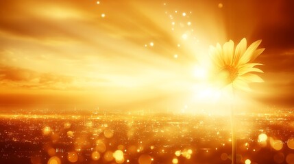 Fototapeta premium Golden City Sunset with Radiant Sunflower