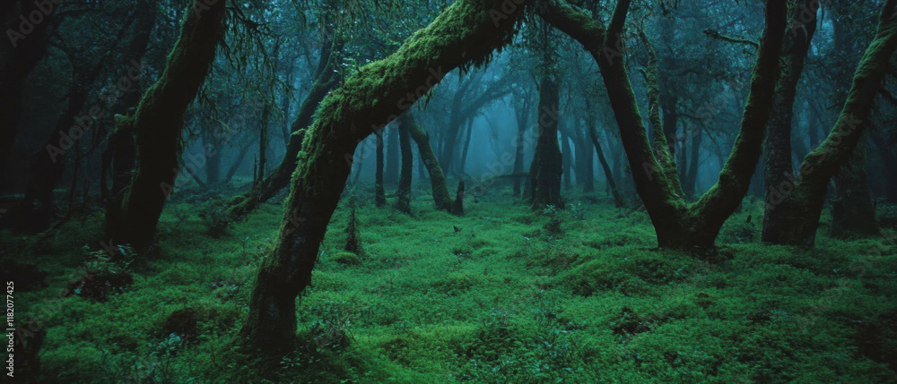 Poster moss covered ancient trees in a tranquil green forest at twilight