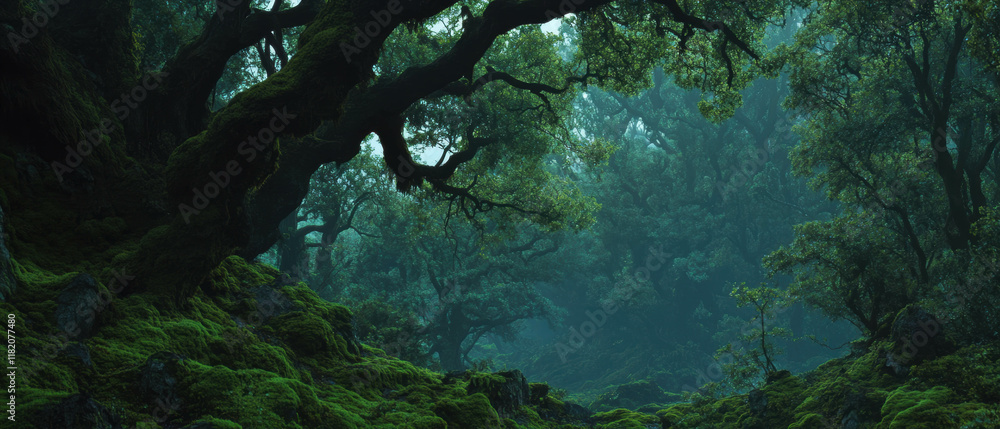Aufkleber ancient trees draped in green moss create a tranquil forest landscape